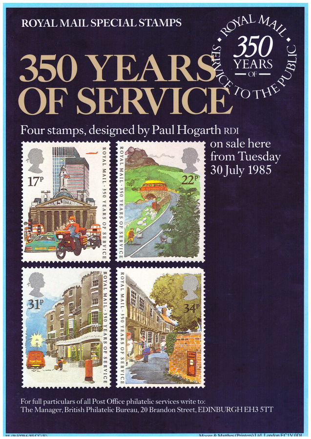 (image for) 1985 Royal Mail 350 Years Post Office A4 poster. PL(P)3279 6/85 CG(E).
